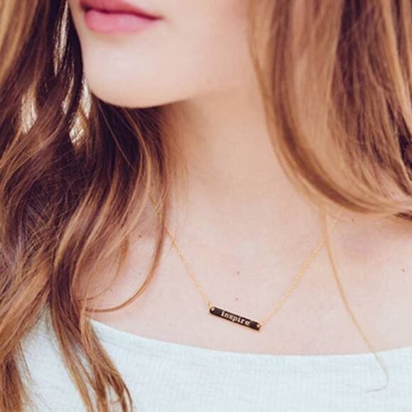 Jook Nona "Inspire"Gold Bar Necklace Dainty Inspirational 18K Gold-Plated 17.5"L - Picture 2 of 13